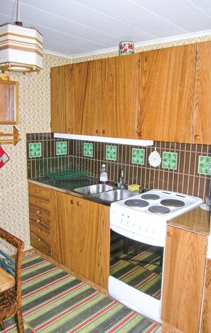 Frigorífico, placa de cocina y utensilios de cocina