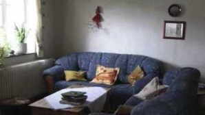 Un salón con un sofá azul, una mesa de centro y un radiador.