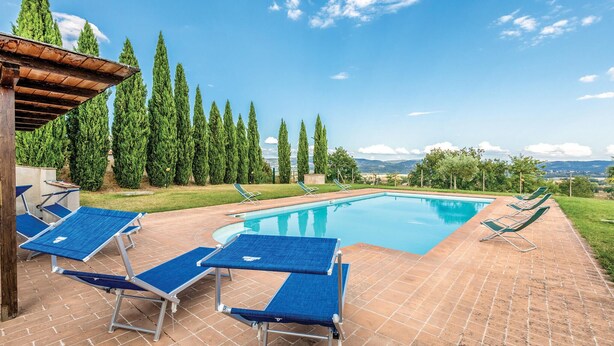En swimmingpool med blå solstolar, en pergola och höga träd i bakgrunden.