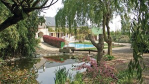 Un jardín tranquilo con un estanque, una piscina y un edificio de piedra al fondo.