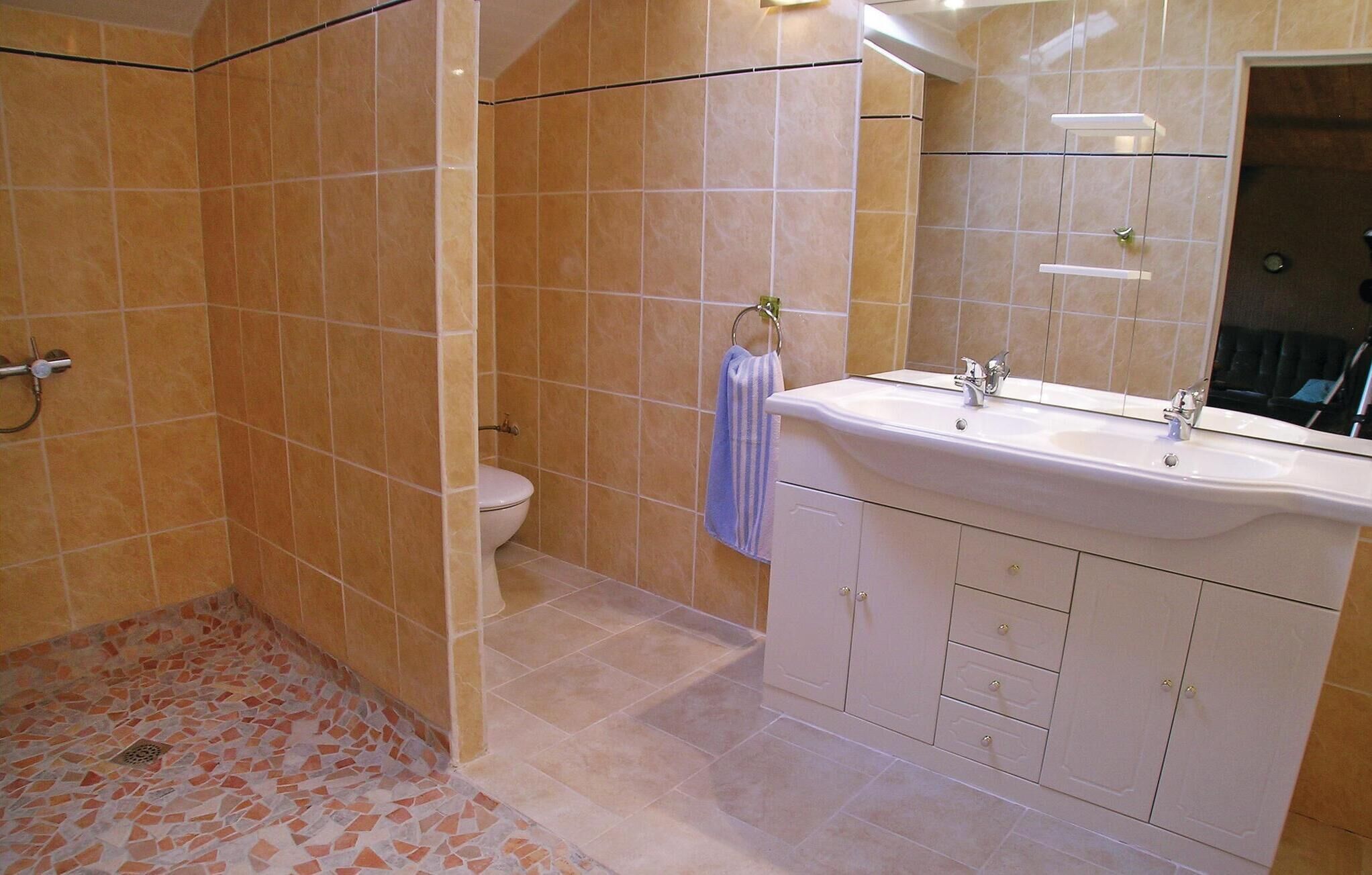 Een badkamer met een douche, toilet en een wastafel met spiegel.