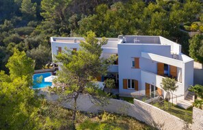 A modern two-story house with a swimming pool, surrounded by trees and a stone wall.