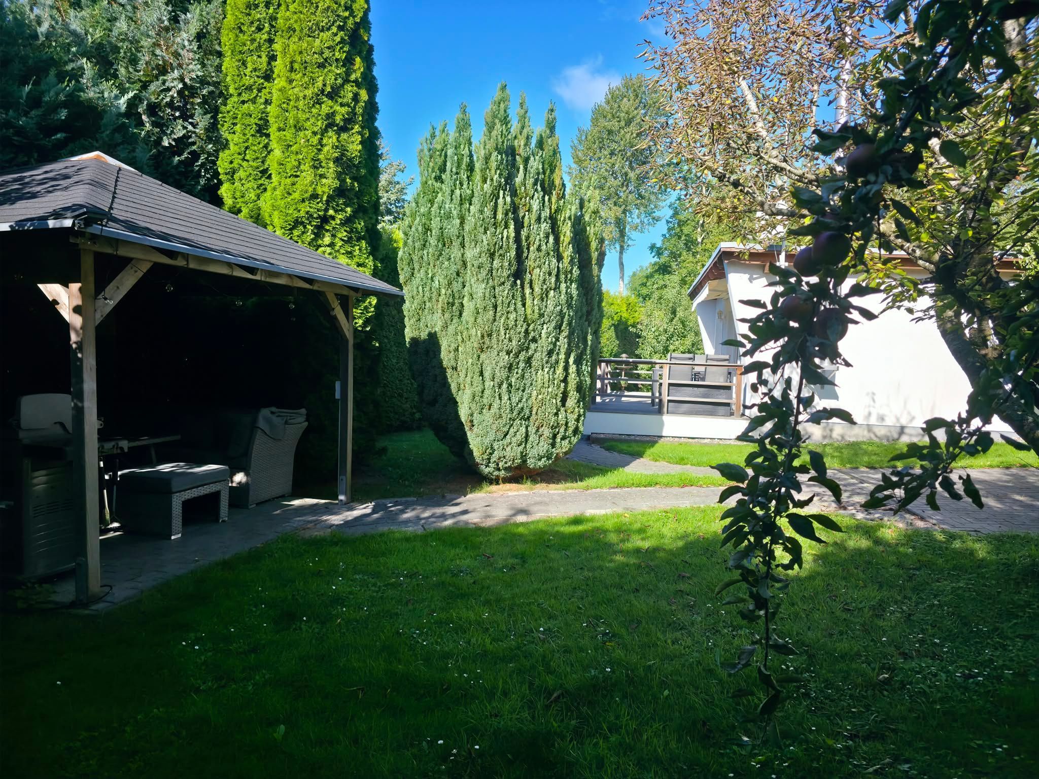 A covered outdoor seating area with a table and chairs, surrounded by a well-maintained lawn and tall trees.