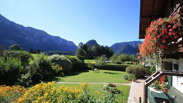 Une vue sur la montagne depuis un balcon agrémenté d’un jardin et de fleurs.