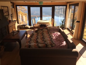 Smart TV, fireplace, books, music library