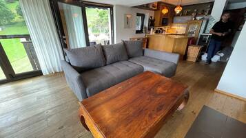 Smart TV, fireplace, books, music library