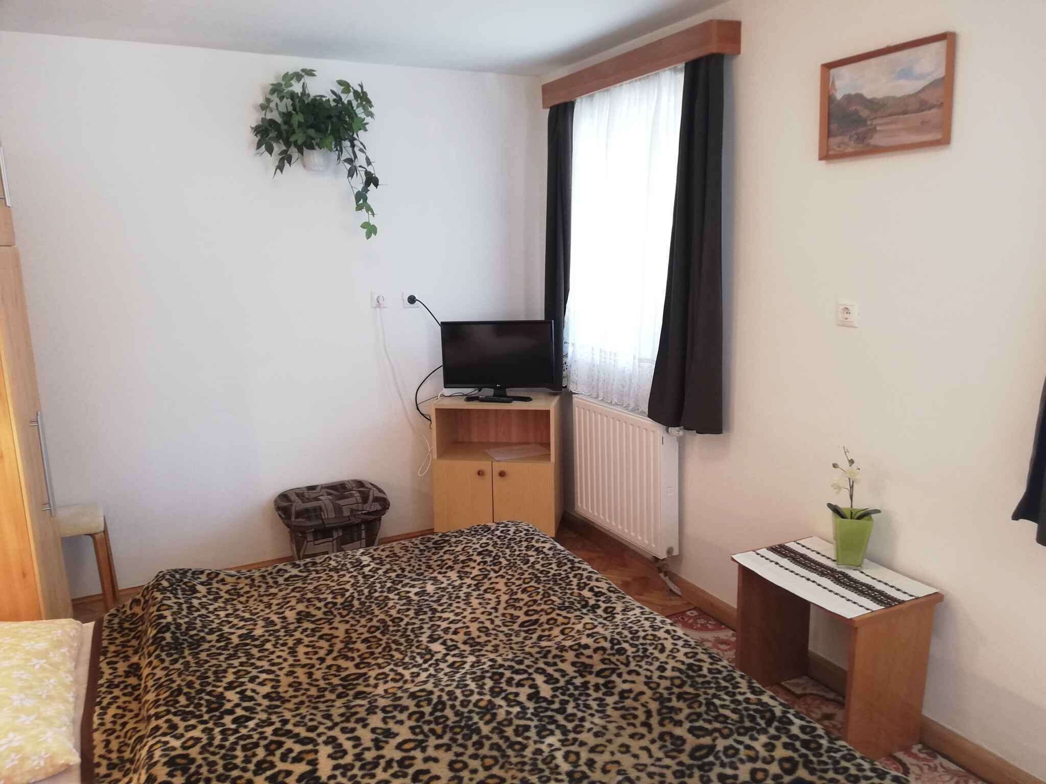 Quarto com colcha de estampa de leopardo, televisão sobre suporte de madeira, radiador, um banquinho pequeno e planta em vaso.