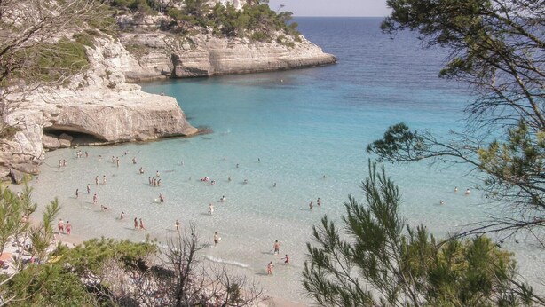 A beach with clear turquoise water, rocky cliffs, and pine trees. - Beautiful apartment in Palamós (Palamós)