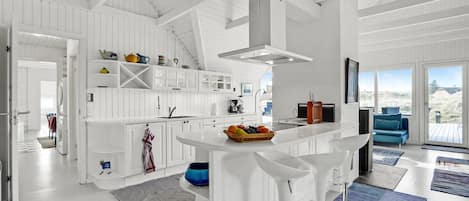 Fridge, stovetop, dishwasher, coffee/tea maker