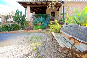 Un espace extérieur aménagé en patio, avec un banc et une variété de plantes, notamment des cactus et des plantes succulentes.