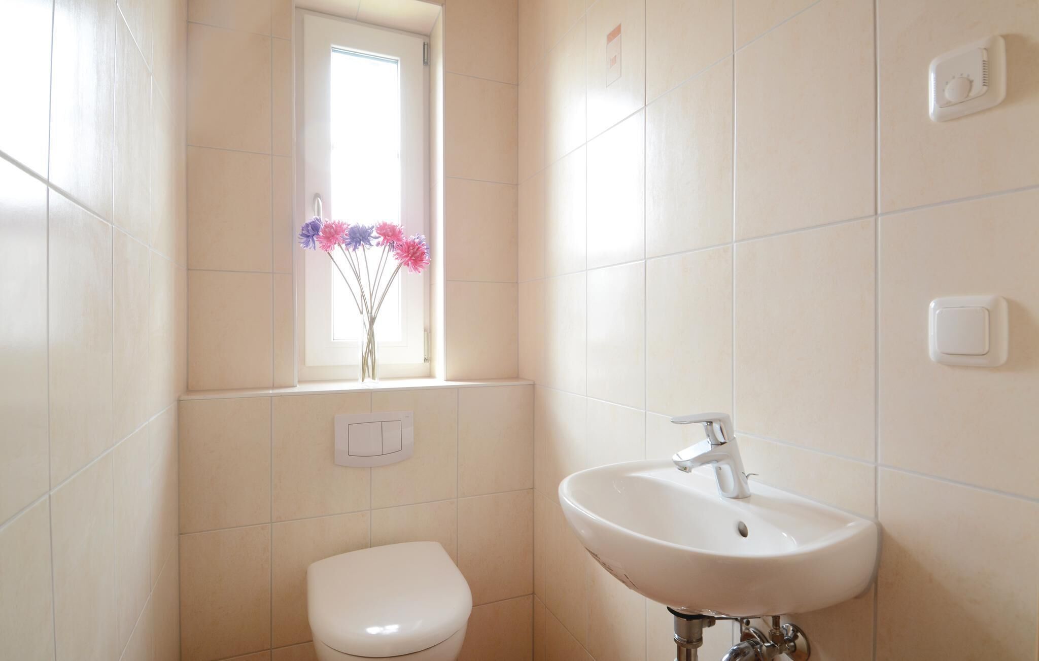 Une salle de bain avec des toilettes blanches, un lavabo et une fenêtre ornée de fleurs.