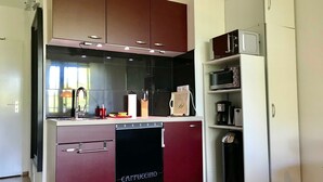 Una cocina compacta equipada con lavavajillas, microondas y cafetera.