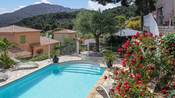 A swimming pool with a stone deck, surrounded by potted plants and red flowers. - Nice apartment in La Valette du Var (La Valette du Var)