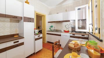 Fridge, stovetop, dishwasher, coffee/tea maker