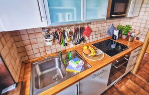 Fridge, stovetop, dishwasher, coffee/tea maker