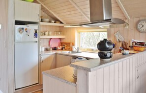 Fridge, stovetop, dishwasher, coffee/tea maker