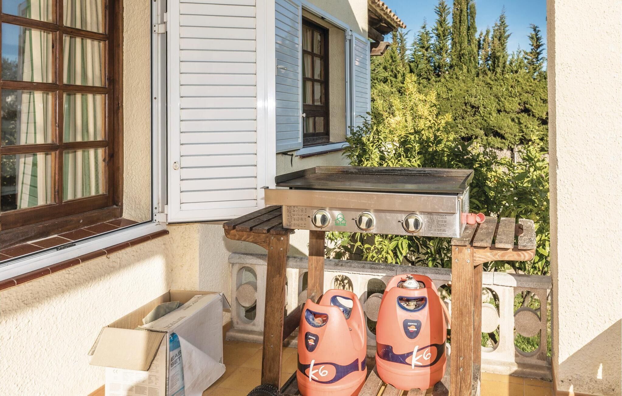 Une terrasse avec un barbecue, deux bouteilles de propane et une table en bois.