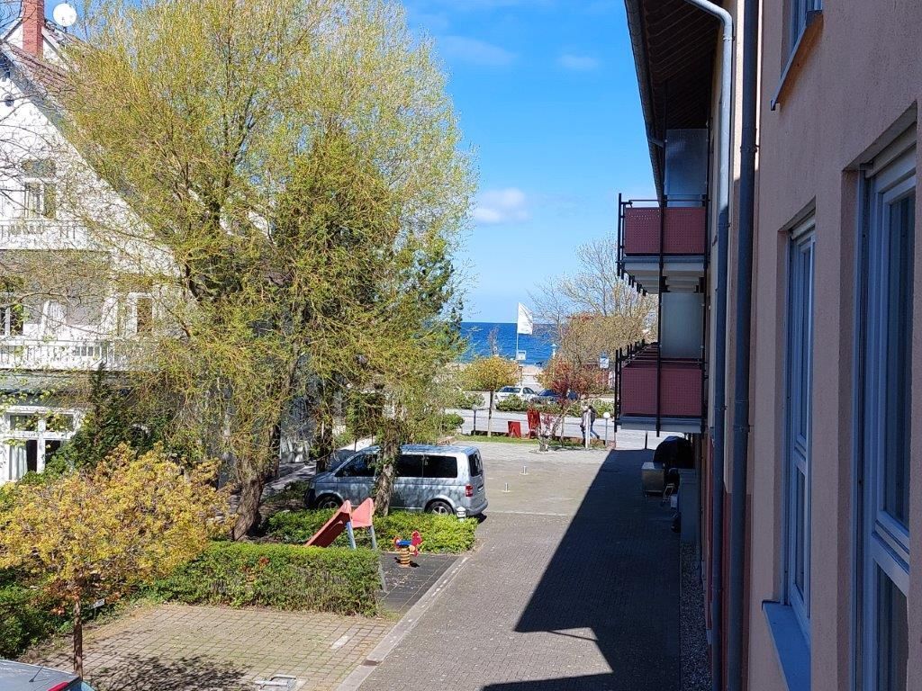 A narrow street with parked cars and trees lining the sidewalk.