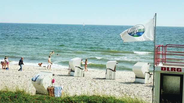 Una playa con gente nadando y caminando, sillas de playa blancas y una bandera con un logotipo de ave.