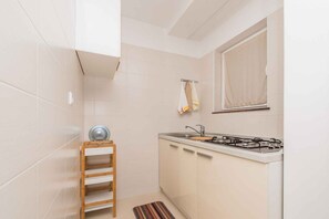 Fridge, stovetop, toaster, cookware/dishes/utensils