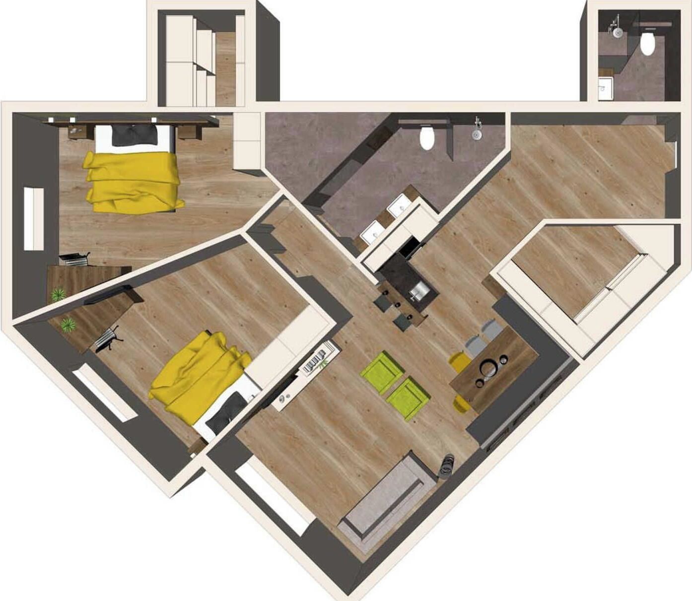 Planta baixa de um quarto de hotel com cama, banheiro, cozinha compacta e sala de estar.