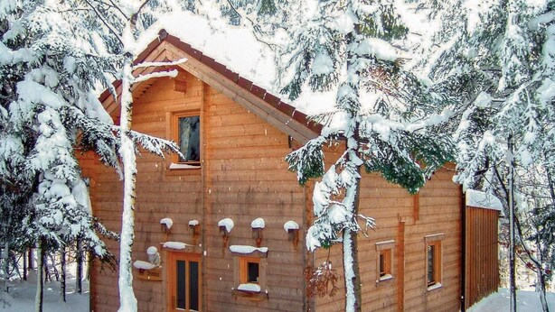 Une cabane en bois entourée d’arbres couverts de neige.