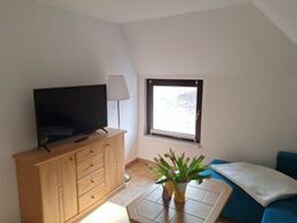 Ein Zimmer mit Fernseher auf einem Holzschrank, einem Fenster mit Blick, einer Pflanze und einem blauen Sofa.
