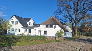 Een traditioneel huis met rieten dak, een pad van stenen en een grote boom op de achtergrond.