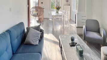 Télévision, cheminée, lecteur de DVD, baby-foot