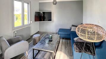 Televisie, een open haard, een dvd-speler en tafelvoetbal