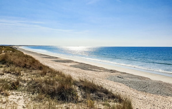Une plage avec un ciel dégagé et une mer calme.