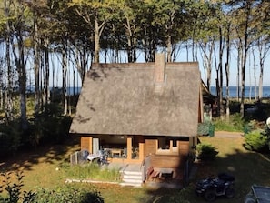 Une petite cabane rustique, dotée d’un toit de chaume, entourée d’arbres et offrant une vue dégagée sur l’eau.