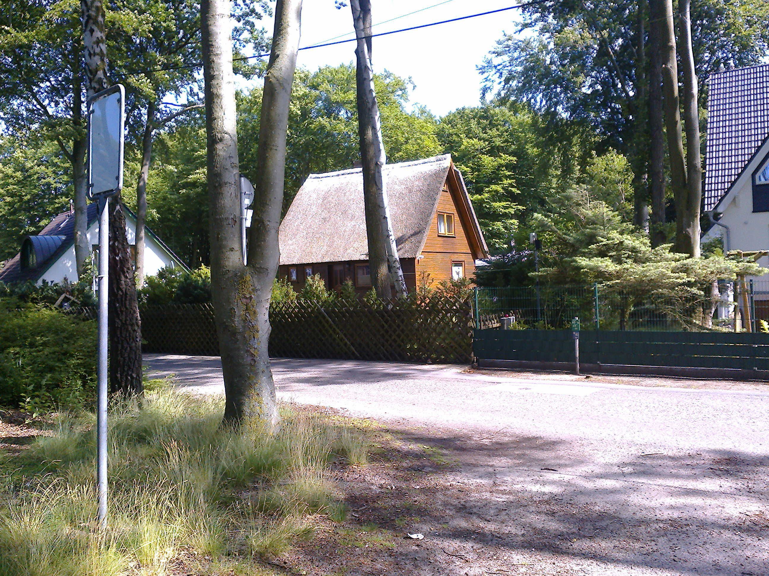 A rural road with a thatched-roof house, a fenced area, and a utility pole.