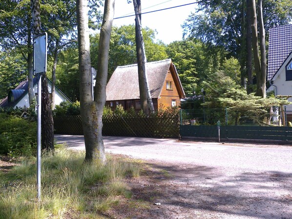 Un camino rural con una casa de techo de paja, una zona vallada y un poste de electricidad.