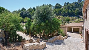 A courtyard with stone pathways, palm trees, and a building with a tiled roof. - Stunning home in Estellencs (Estellencs)
