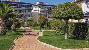 Zona residencial com calçada pavimentada, sebes bem aparadas e palmeiras.