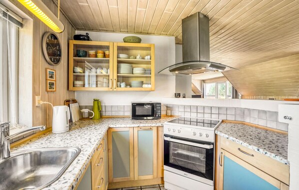 Fridge, stovetop, dishwasher, coffee/tea maker