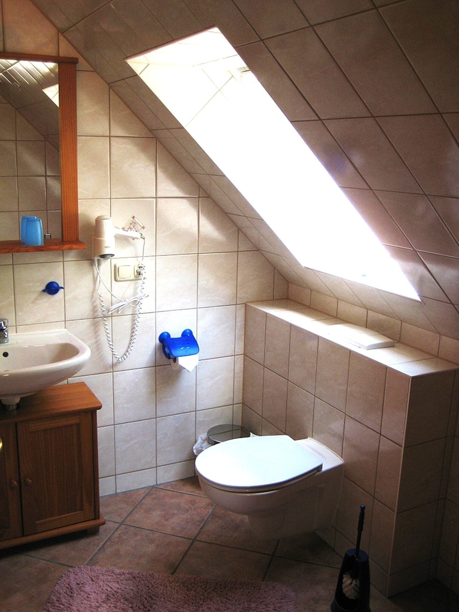 Un bagno con finestra a lucernario, un lavandino, un water e un dispenser di sapone blu.