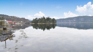 Un lago tranquilo con una pequeña isla de árboles en el centro, rodeado de zona boscosa y algunos edificios en la orilla.