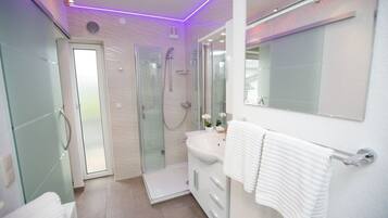 Shower, hair dryer, towels