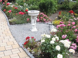 A garden with a central fountain, surrounded by a variety of flowering plants. - Apartment am Rosengarten - Rosengarten (Füssen)