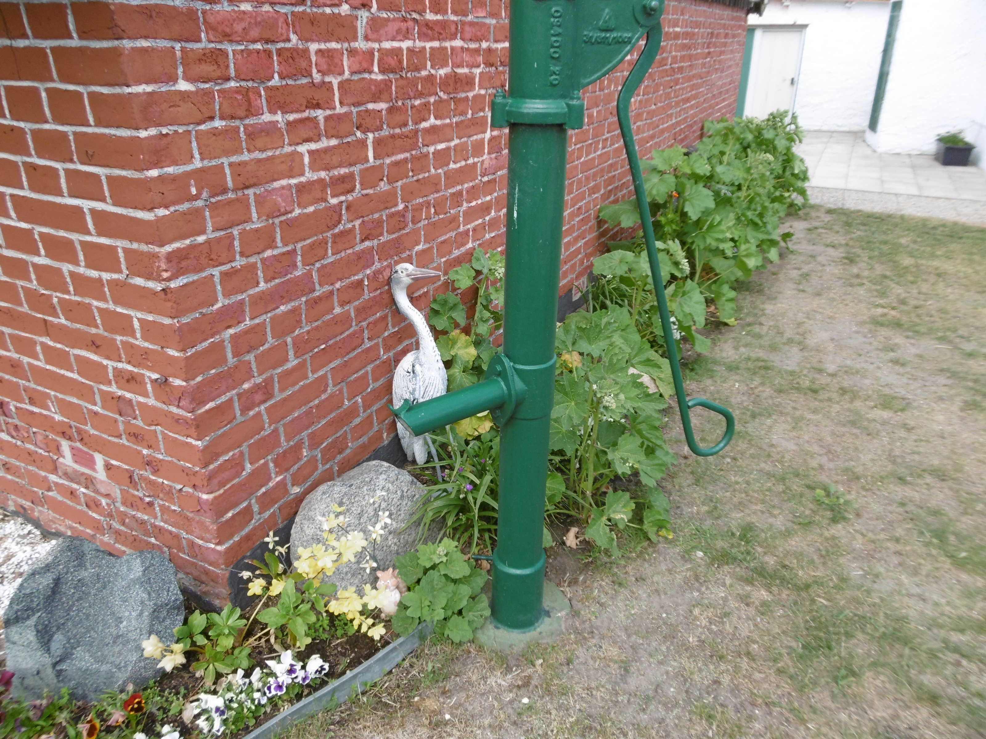 Un mur de briques avec une structure métallique verte, qui pourrait être une pompe à eau, et un jardin avec différentes plantes et fleurs.