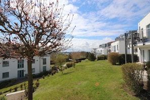 A residential area with modern white buildings, a grassy lawn, and a tree with red flowers.