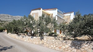Une maison à deux étages, avec un mur de pierre à l’avant, entourée d’oliviers.