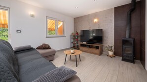 A modern living room with a sofa, a coffee table, a TV, and a fireplace. - Pet friendly home in Labin (Labin)