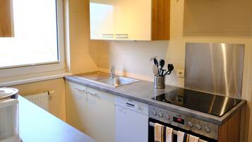 Eine moderne Küche mit Geschirrspüler, Backofen, Edelstahlkühlschrank und einem Fenster für natürliches Licht.