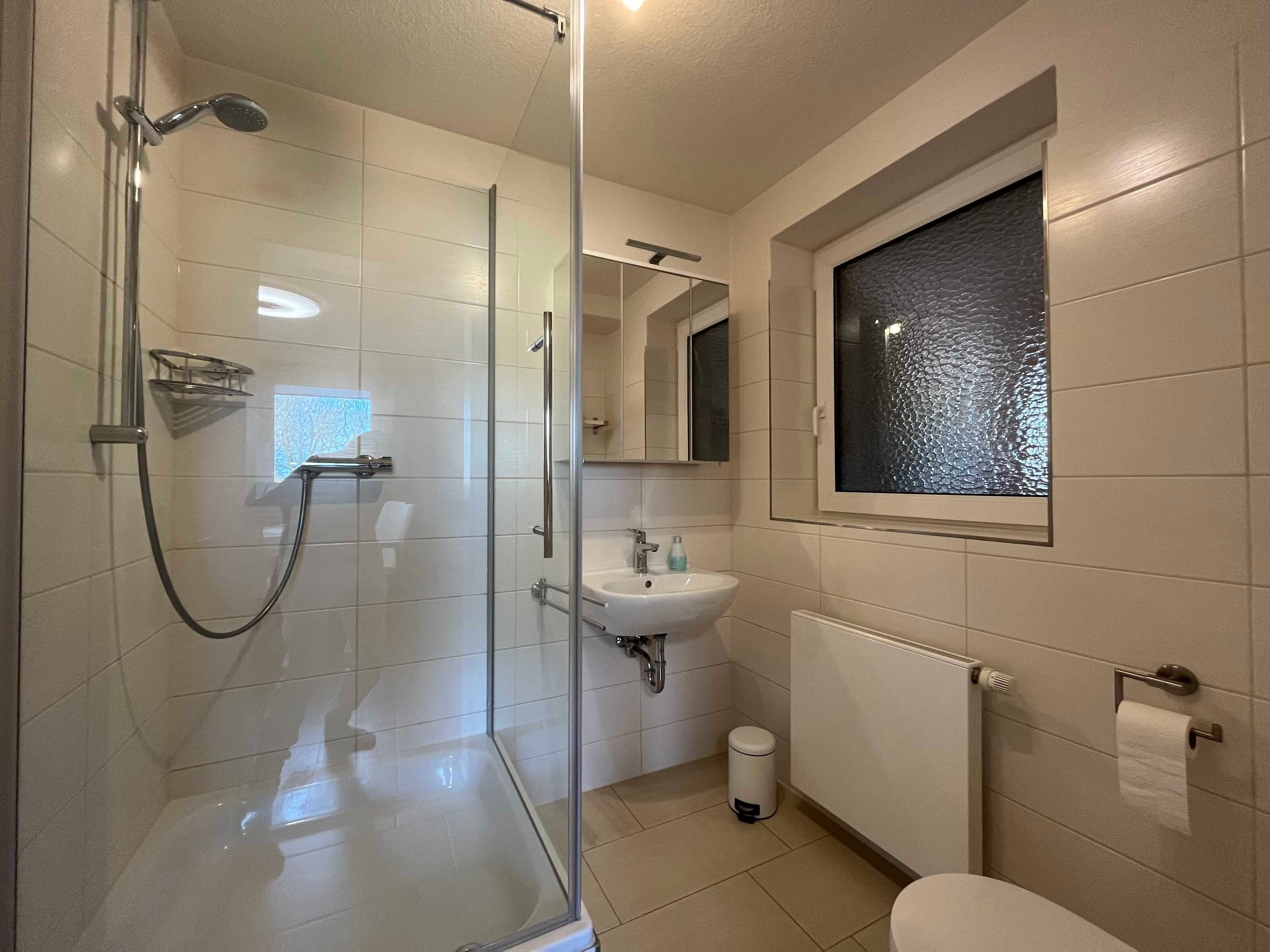 A bathroom with a glass-enclosed shower, a white sink, a mirror, and a window.
