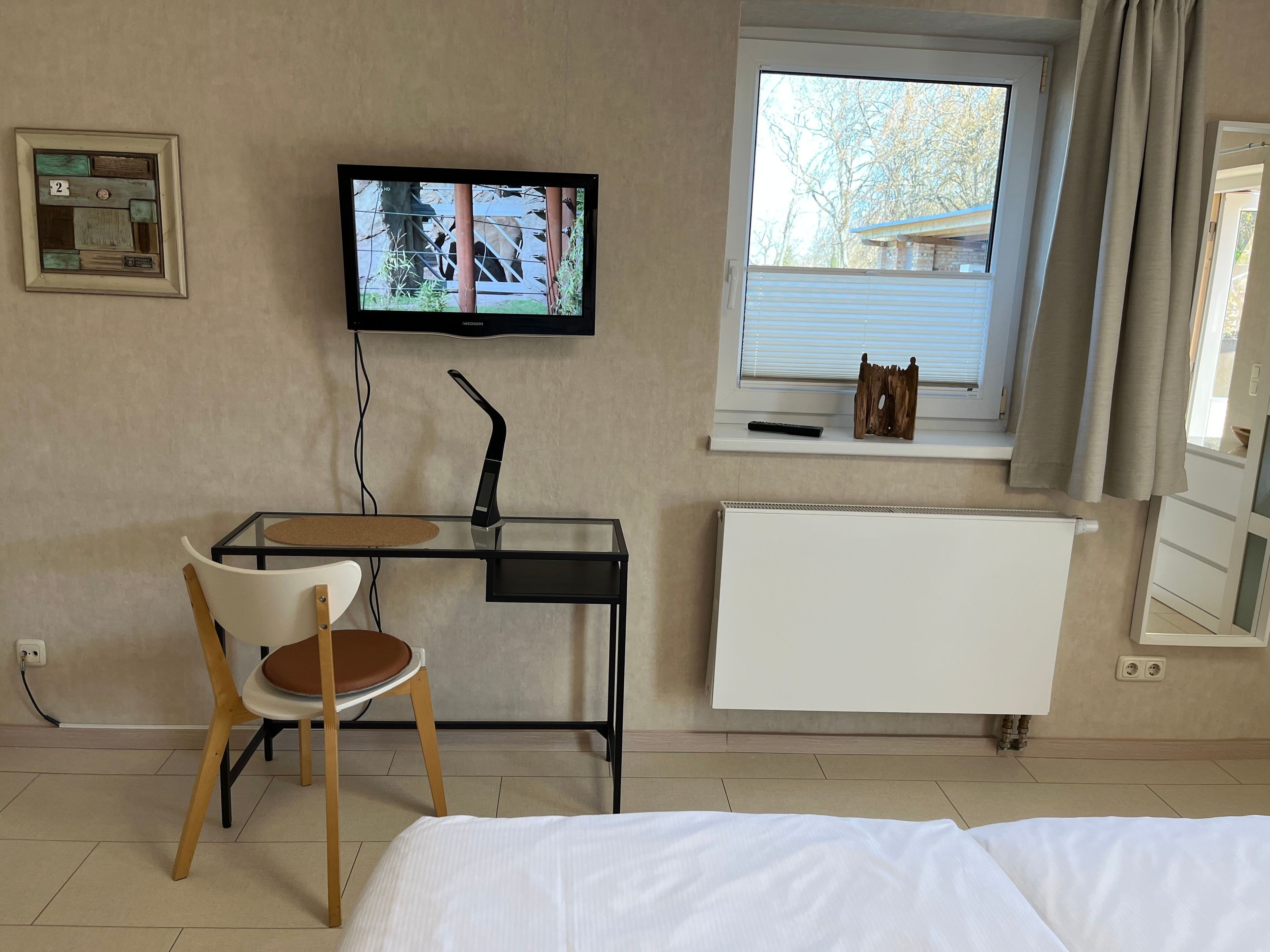 Ein Zimmer mit einem Bett, einem Schreibtisch mit Stuhl, einem Fernseher, einem Fenster mit Ausblick und einer Heizung.