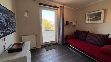 Et værelse med en rød sofa, et fjernsyn, en radiator, et vindue med gardiner og et billede i ramme på væggen.