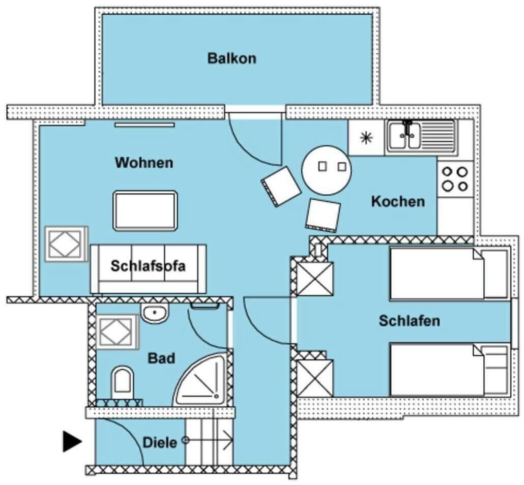A floor plan with a balcony, living room, kitchen, bathroom, and two bedrooms.